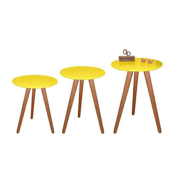 Kit 3 Mesas De Canto Tripé Com Vidro 35cm - Amarela