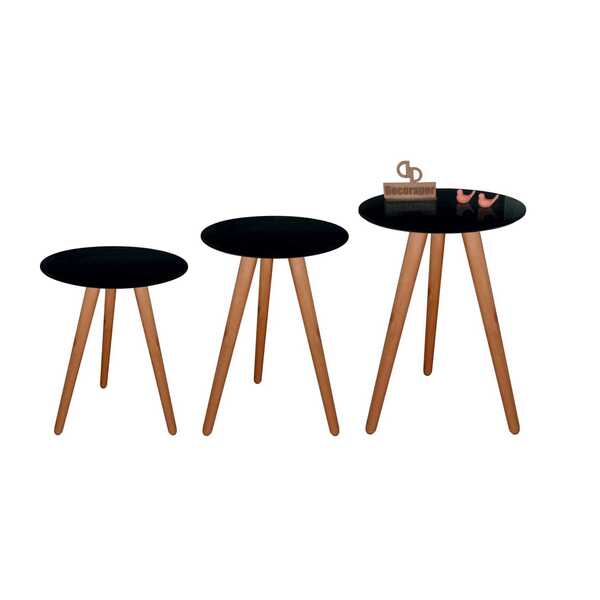 Kit 3 Mesas De Canto Tripé Com Vidro 45cm - Preta