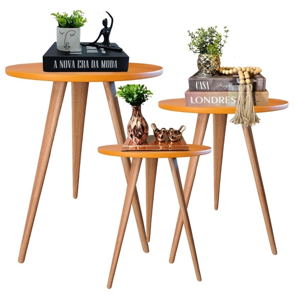 Kit 3 Mesas Lateral De Canto Apoio Redonda Pé Palito Retrô La
