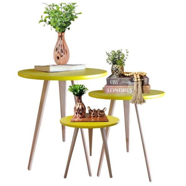 Kit 3 Mesinhas Laterais De Canto Apoio Redonda Pé Palito Amar