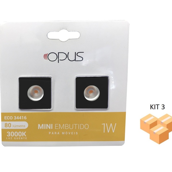 Kit 3 Mini Spots Para Moveis Quadrado Preto 1w 3000k Bivolt