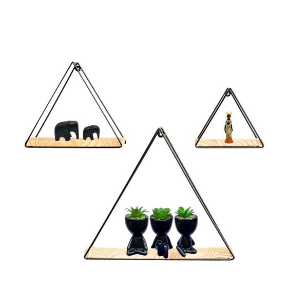 Kit 3 Nicho Prateleira Triangular Aramado Metal Preto E Madei