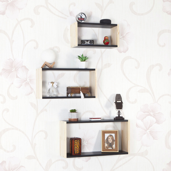 Kit 3 Nichos Decorativos Cubo Prateleira Mdf Preto E Pinus