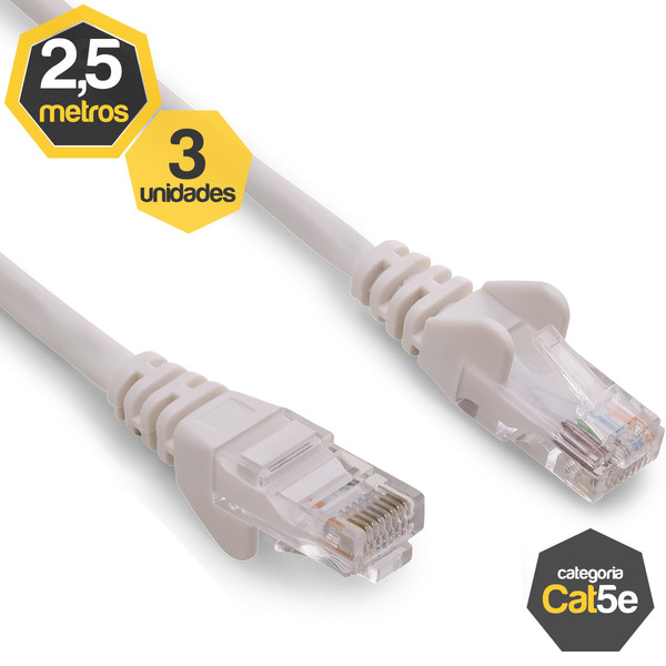 Kit 3 Patch Cord Cat5e Branco 2,50 Metros