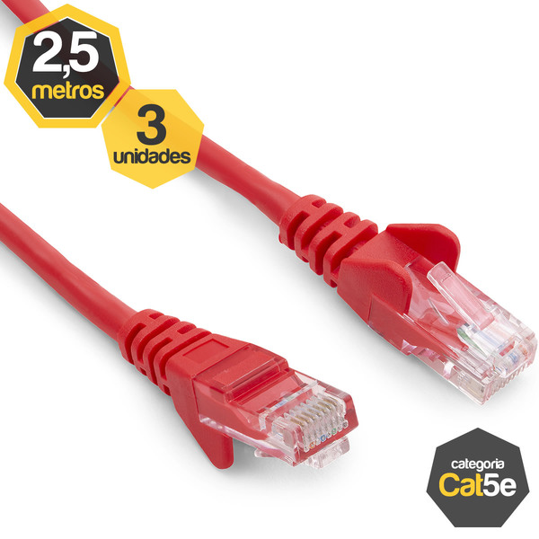 Kit 3 Patch Cord Cat5e Vermelho 2,50 Metros