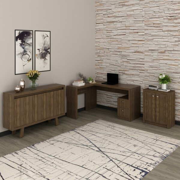 Kit 3 Peças 1 Escrivaninha Em L 1 Balcão 2 Portas E 1 Balcão