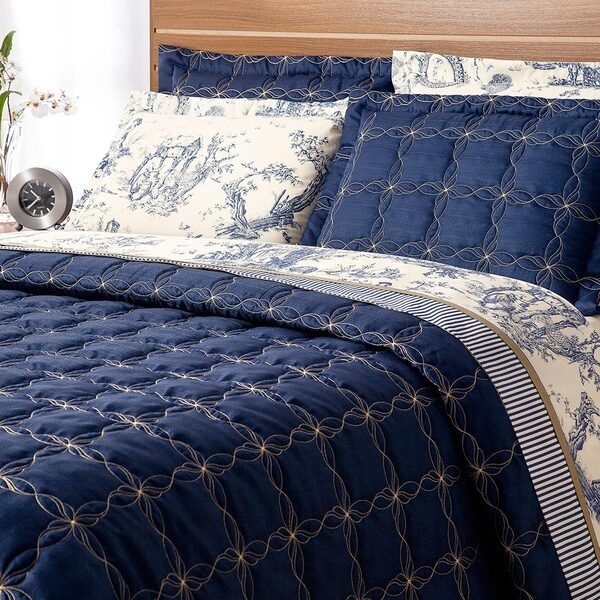 Kit 3 Peças Cobre Leito Capri Fado Queen Azul Casa Dona