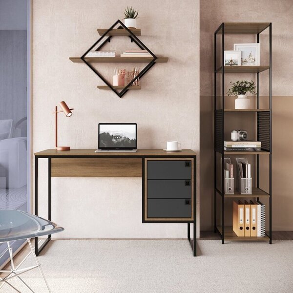 Kit 3 Peças Com Escrivaninha 3 Gavetas, Prateleira Aérea E Es