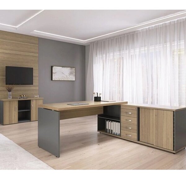 Kit 3 Peças Com Mesa Para Escritório Diretor Em L, Balcão E P