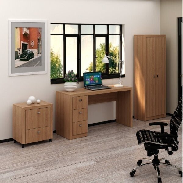 Kit 3 Peças Escrivaninha, Armário Multiuso Alto 2 Portas E Ga