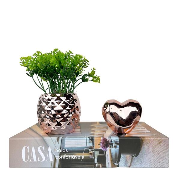 Kit 3 Peças Livro Casa, Enfeite Coração E Vaso Rose Gold