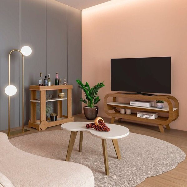 Kit 3 Peças Rack Mesa De Centro E Bar Théo Cinamomo/off White