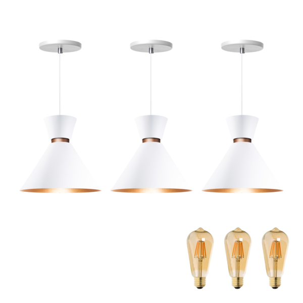 Kit 3 Pendente Lustre Luminária Berlin 23cm Branco + Led Retr