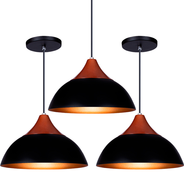 Kit 3 Pendente Lustre Luminária Panama Preto C/topo Cobre