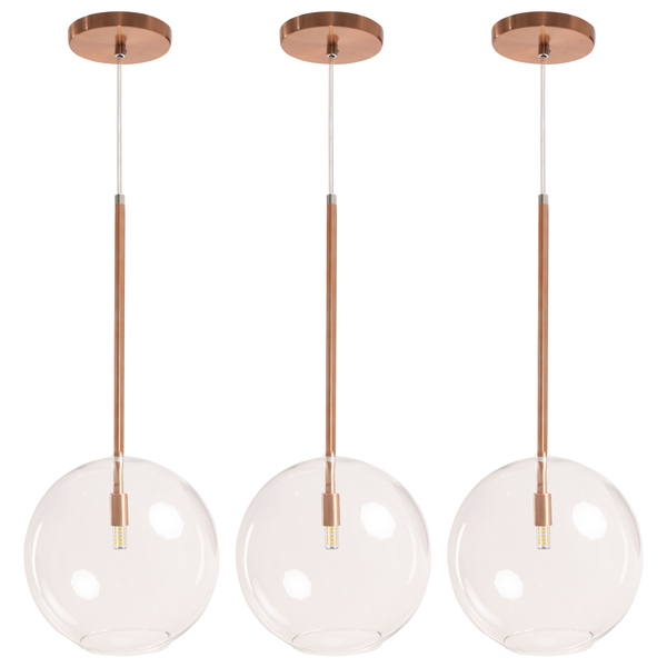 Kit 3 Pendente Lux Cobre Rose Gold Globo Vidro 25cm + Led