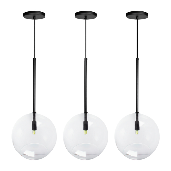 Kit 3 Pendente Lux Preto Globo Vidro Cristal 25cm  + Led