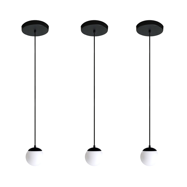 Kit 3 Pendente Redondo Esfera Preto 15cm Vidro Leitoso