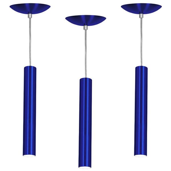 Kit 3 Pendente Tubo Cilindro Azul Metálico 30cm + Led 3k