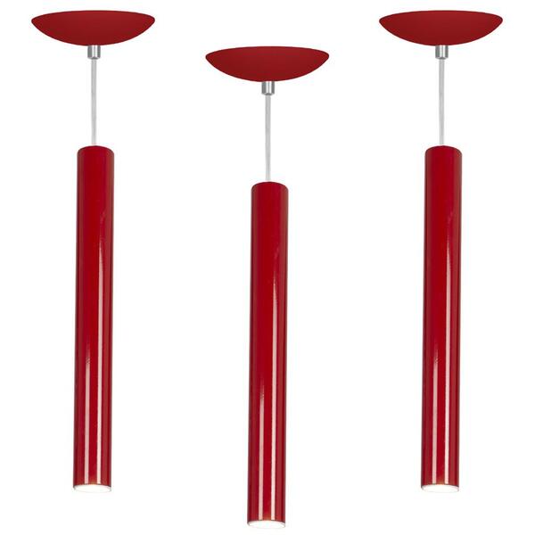 Kit 3 Pendente Tubo Cilindro Vermelho 40cm + Led 3k