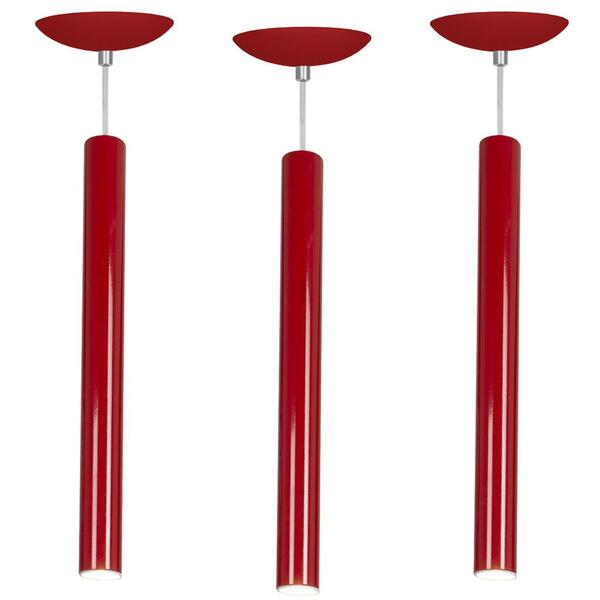 Kit 3 Pendente Tubo Cilindro Vermelho 50cm + Led 6k