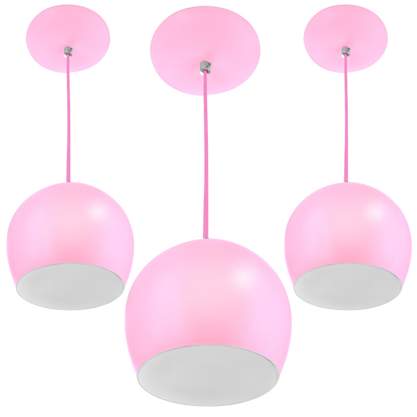 Kit 3 Pendentes Bola Pequena Alumínio 15cm Rosa Bebê