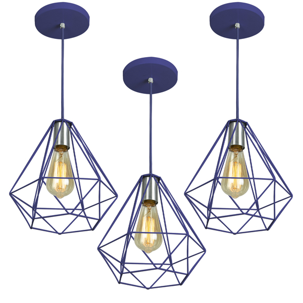 Kit 3 Pendentes Diamante Aramado Grande Azul