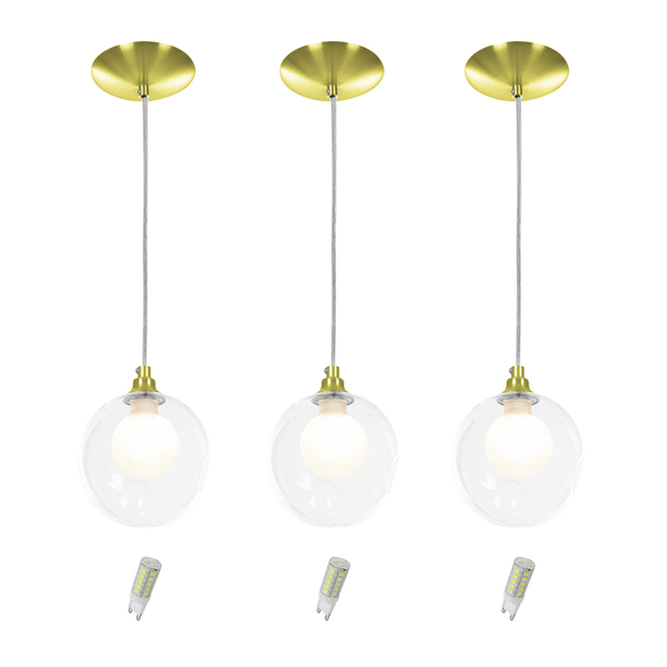 Kit 3 Pendentes Harmony Bolinha Dourado + Lampada G9 6000k