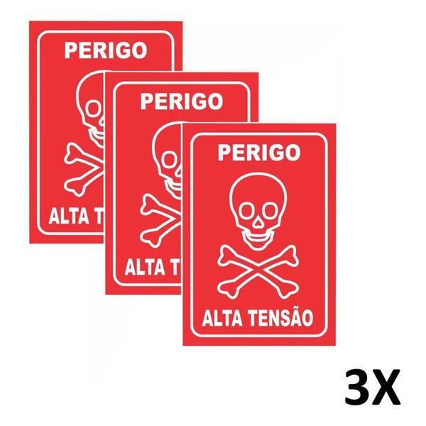 Kit 3 Placa Aviso Sinalização Perigo Alta Tensão 20x14,5 Cm