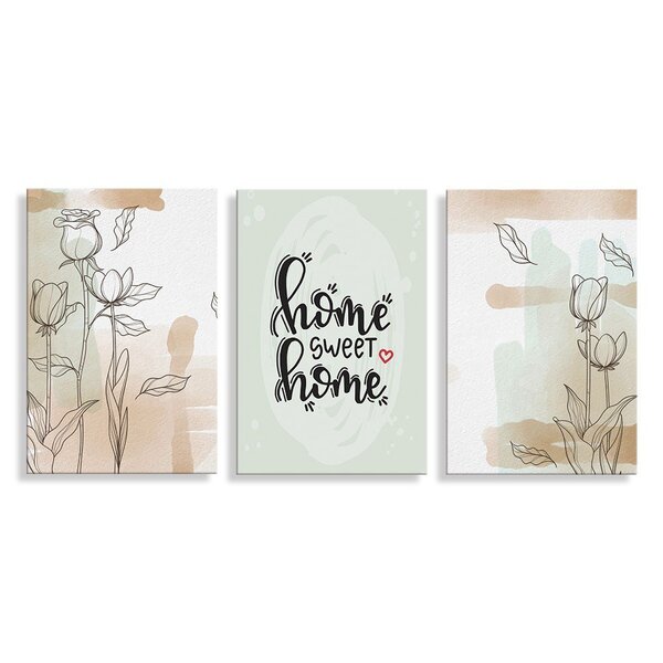 Kit 3 Placas Decorativa Home Sweet Home E Flores  20x30