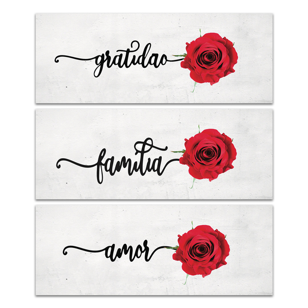 Kit 3 Placas Decorativas Frase Gratidão E Amor 40x15 Cm Mdf