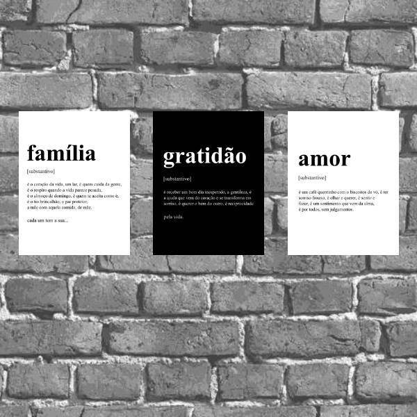Kit 3 Placas Familia/gratidão/amor Definição 18x27cm