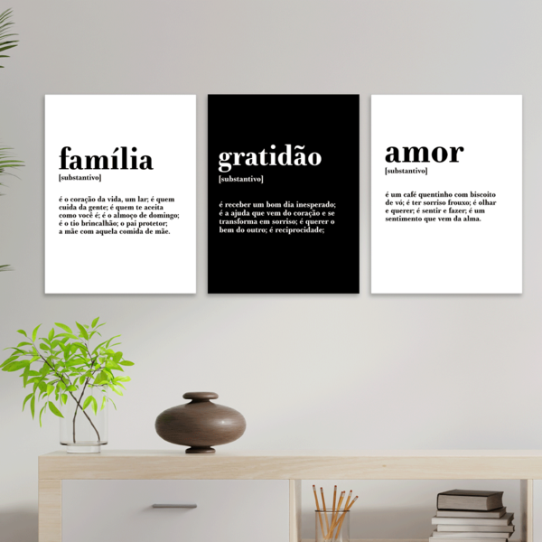 Kit 3 Plaquinhas Decorativa Adesivada Família, Gratidão, Amor