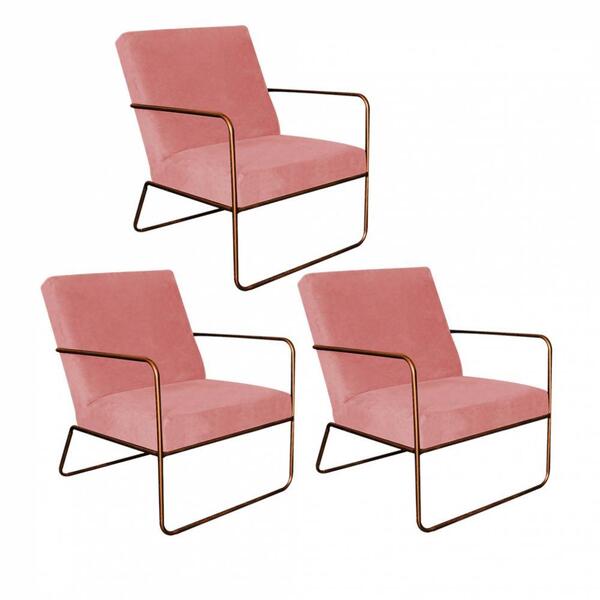 Kit 3 Poltronas Cadeira Malta Aramado Bronze Suede Rose Gold