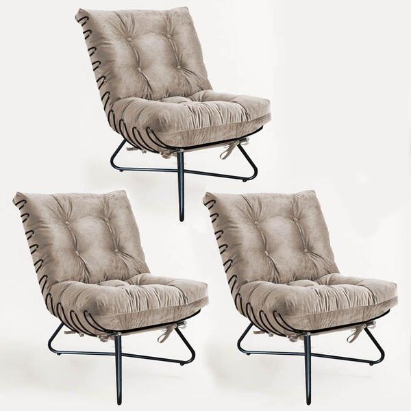 Kit 3 Poltronas Costela Ferro Industrial Suede Bege