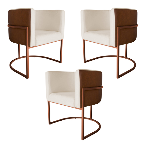 Kit 3 Poltronas Decorativa Cristal Base Bronze Veludo Bege/pu