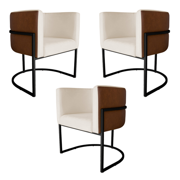 Kit 3 Poltronas Decorativa Cristal Base Preta Veludo Bege/pu