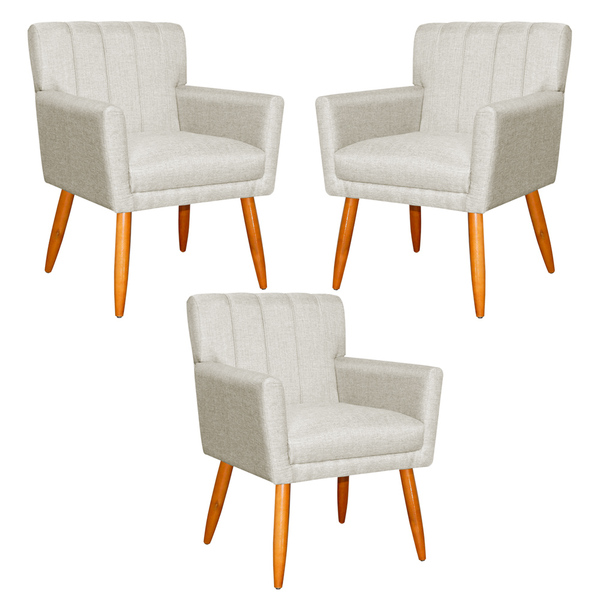 Kit 3 Poltronas Decorativa Para Sala De Estar Cecília Linho B