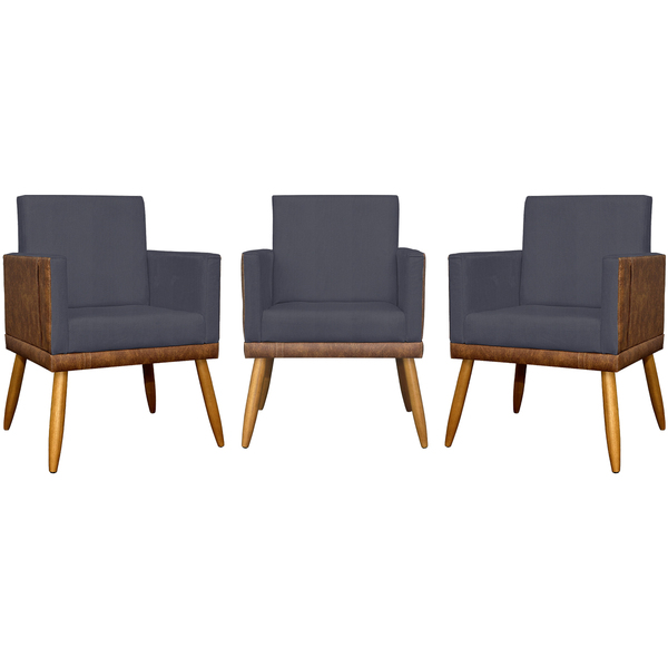 Kit 3 Poltronas Decorativas Lis Corino E Linho Cores Pé Palit