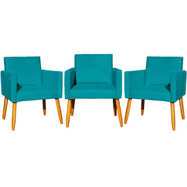 Kit 3 Poltronas Para Sala Recepção Consultório Nina Suede Azu