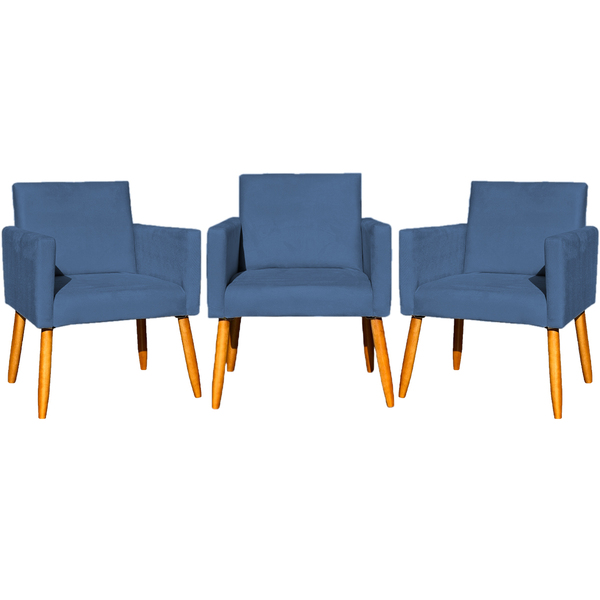 Kit 3 Poltronas Para Sala Recepção Consultório Nina Suede Azu
