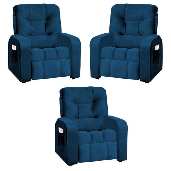 Kit 3 Poltronas Reclináveis Para Sala De Cinema Veludo Azul