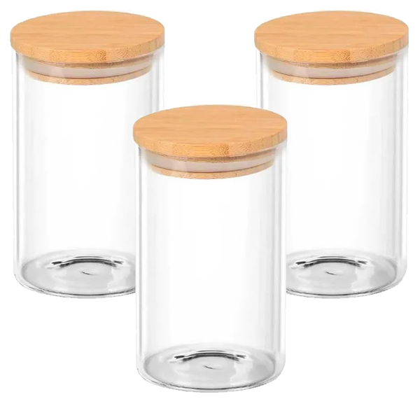 Kit 3 Potes 950ml De Vidro Mantimentos Tampa De Bambu 8,5 X 2