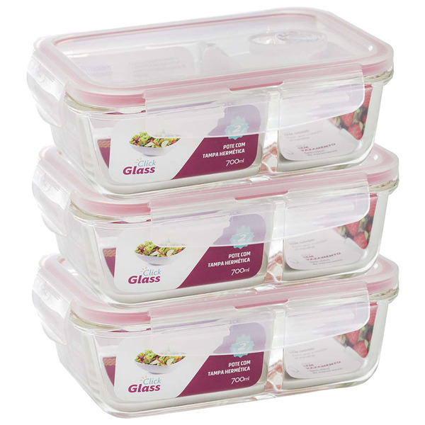 Kit 3 Potes Conjunto Marmita de Vidro Com Divisória Mantiment