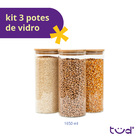Kit 3 Potes De Vidro 1,6l Tampa De Bambu Herméticos Redondos