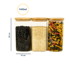 Kit 3 Potes De Vidro Tampa Bambu Quadrado Flat 1400ml Natural
