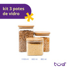 Kit 3 Potes De Vidro Tampa De Bambu Herméticos Quadrados - Tü