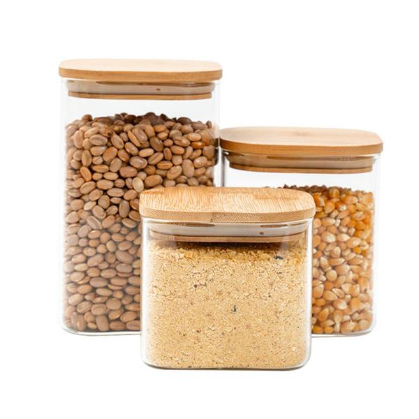 Kit 3 Potes De Vidro Tampa De Bambu Herméticos Quadrados - Tü
