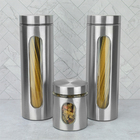 Kit 3 Potes Para Mantimentos Inox E Vidro Com Visor 1750ml