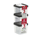 Kit 3 Potes Quadrados Transparente Tampa Preta 450ml