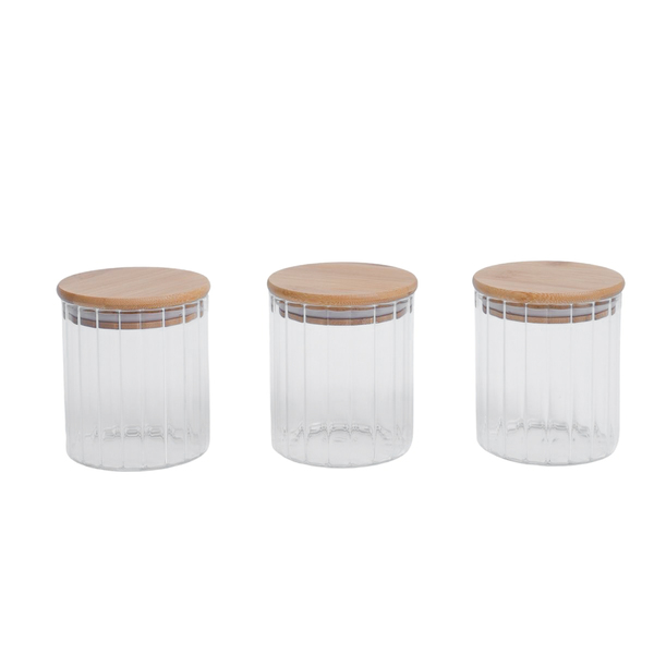 Kit 3 Potes Vidro Canelado Com Tampa De Bambu 500ml - Oikos N